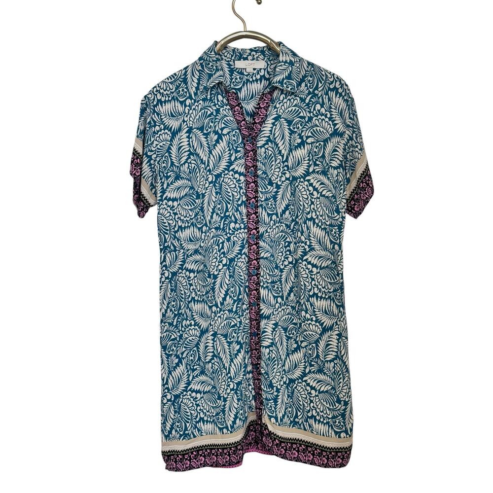 Loft Teal Palm Collared Shirt Dress 8
